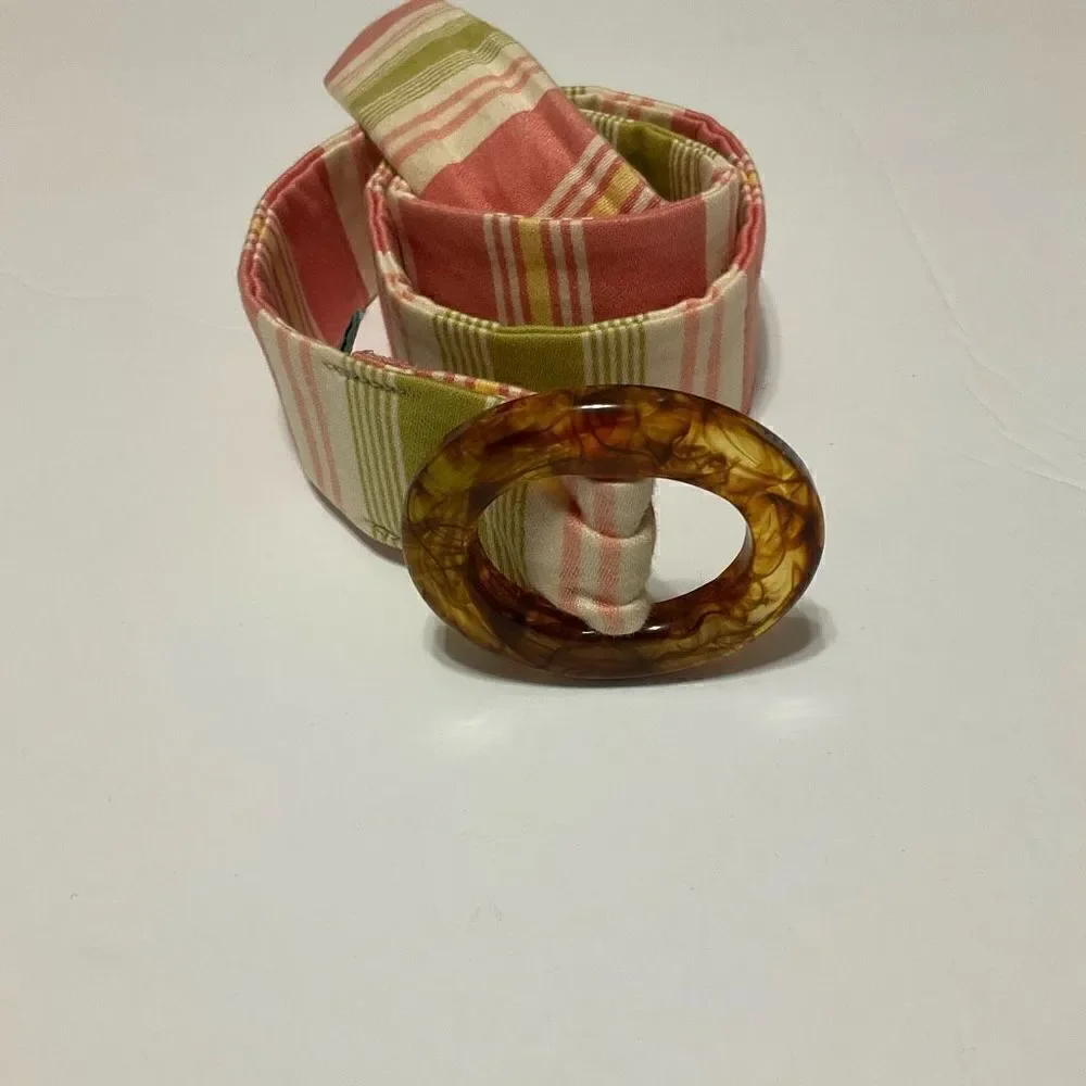 Eliza B Preppy Fabric Striped Belt with Slide Tortoise Shell Buckle, Small
